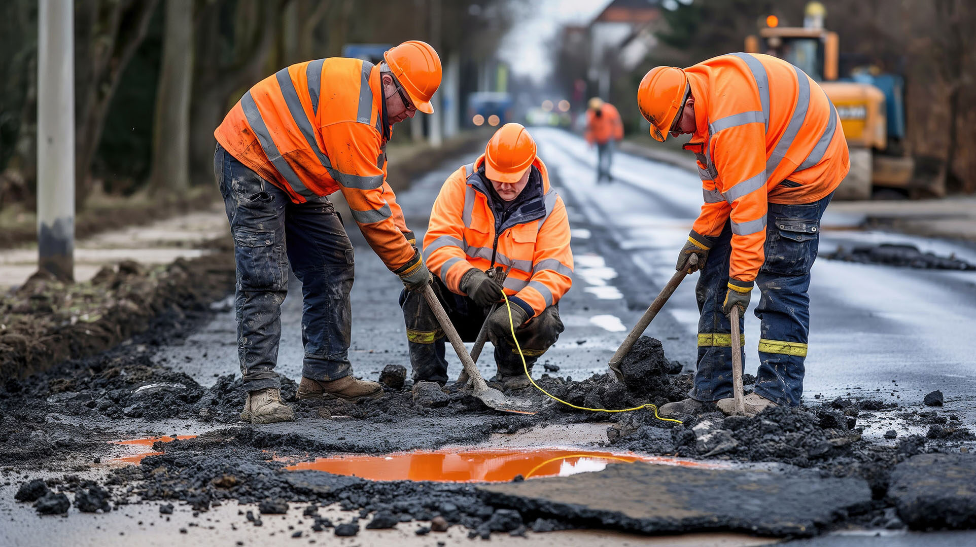 Trois hommes font des travaux sur une chaussée