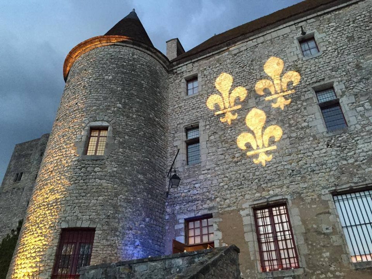 Une vue de nuit du château-musée de Nemours, avec des fleurs de Lys projetées sur la façade