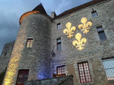 Une vue de nuit du château-musée de Nemours, avec des fleurs de Lys projetées sur la façade