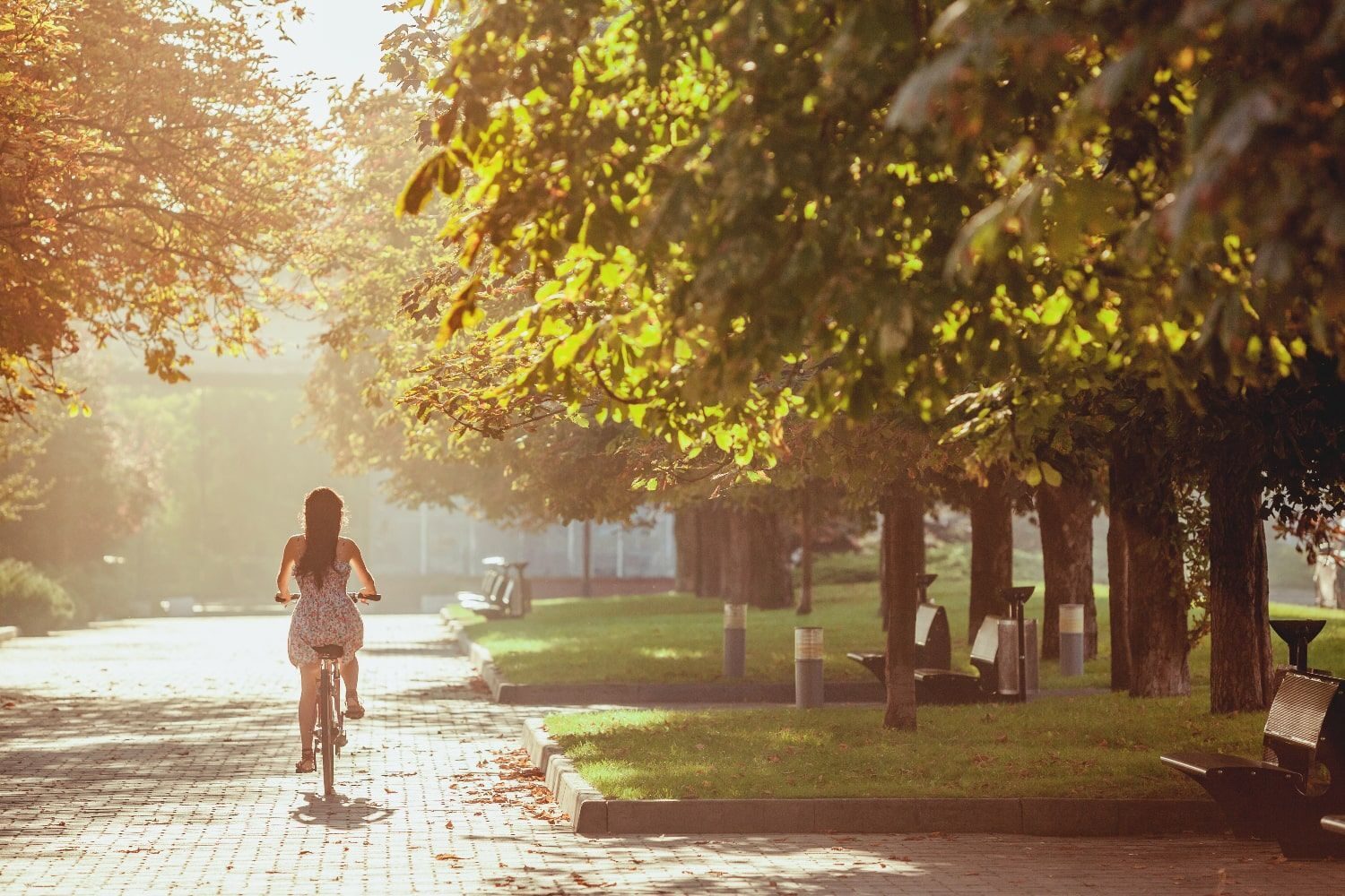 femme à vélo se promenant dans la ville entourée d'espaces verts