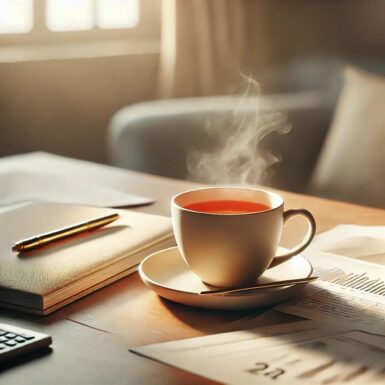 une tasse de thé fumante posée sur un bureau