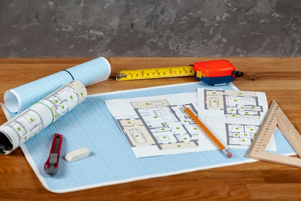 Des plans de construction et des outils sont posé sur une table