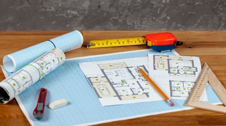 Des plans de construction et des outils sont posés sur une table