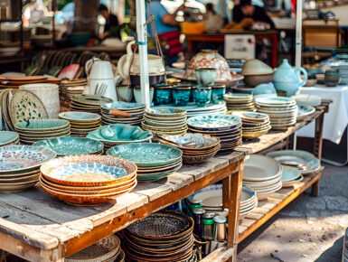 Stand de vaisselle de seconde main sur une brocante