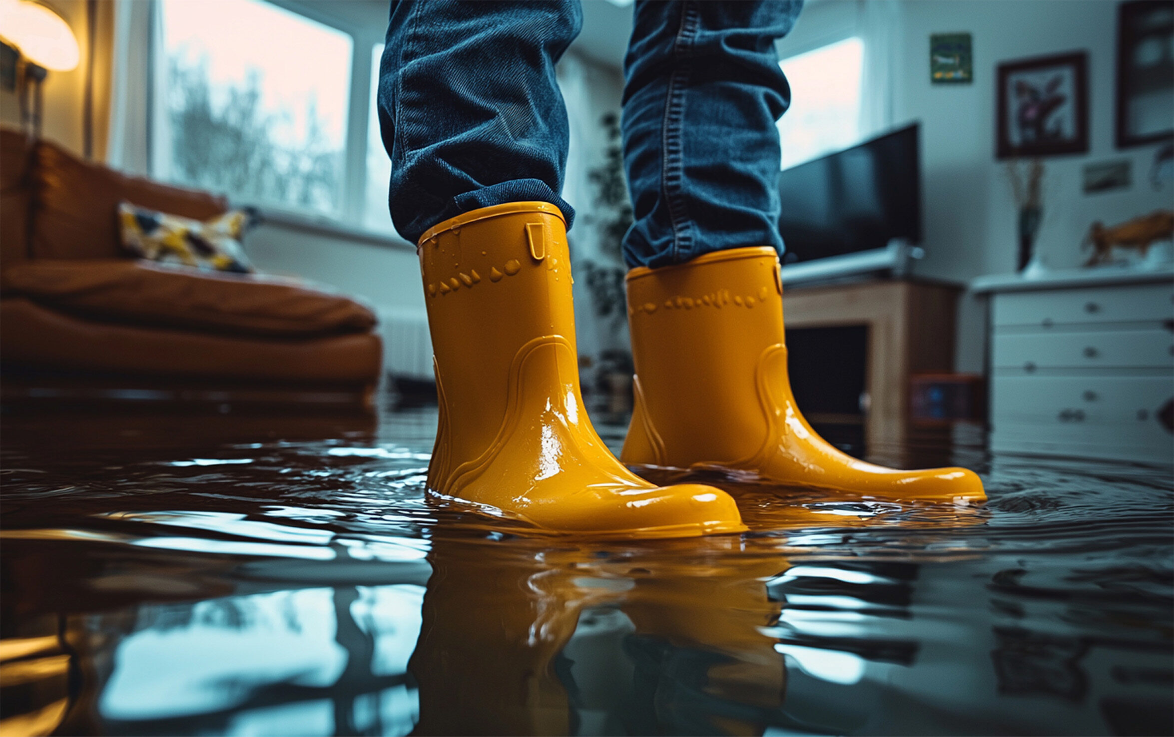 Une personnes avec des bottes jaunes est debout dans une maison inondé