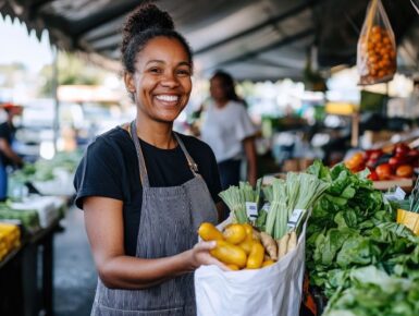 Une vendeuse dans un marché qui tien des aliment dans un sac