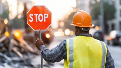 homme de chantier tenant un panneau stop pour informer les véhicule de la nouvelle circulation et des déplacements à prévoir